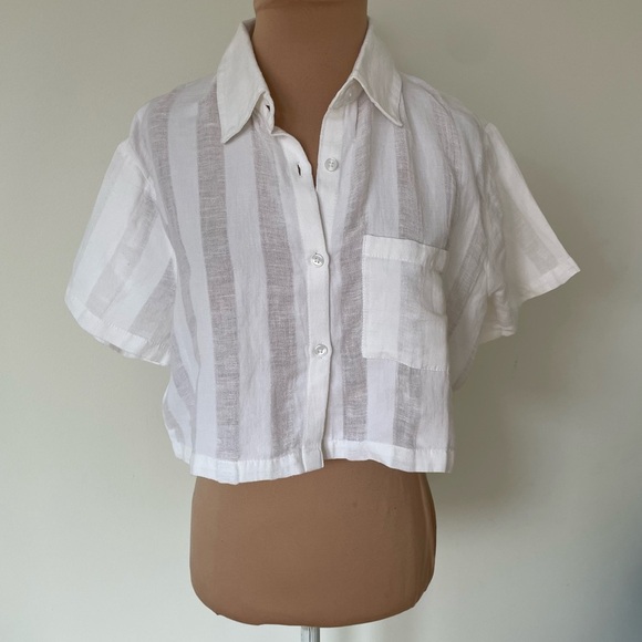Solid and Striped The Cabana Linen Striped Cropped White Button Up Shirt NWT S - Picture 5 of 9